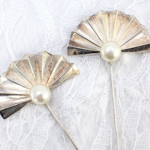 Pair of Vintage RODIER Art Deco Stick Pins, Silver Tone Fan Shape, Faux Pearl - Picture 6 of 9